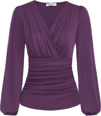 Amazon.com: Work Tops for Women Long Sleeve Ruched Shirt V Neck Wrap Blouses Surplice Winter Casual Tops Purple M : Clothing, Shoes & Jewelry