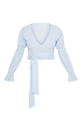 Pastel Blue Dobby Woven Tie Waist Crop Top | PrettyLittleThing