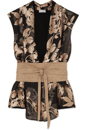 Brunello Cucinelli | Belted flocked chiffon and cotton-jersey blouse | NET-A-PORTER.COM