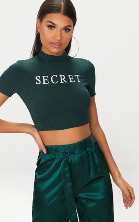 Emerald Green Secret Slogan Rib Crop Top | PrettyLittleThing