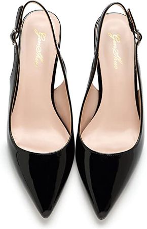 Amazon.com | GENSHUO Women's Low Kitten Heel Slingback Ankle Strap Pump Pointed Toe Comfortable Formal Party Wedding Dress Shoes Patent Leather Black 8.5 | Pumps