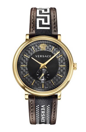 Versace V Circle Greca Leather Strap Watch, 42mm | Nordstrom