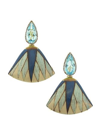 Silvia Furmanovich Marquetry 18K Yellow Gold, Blue Topaz, Light Brown Diamond & Wood Fan Earrings | SaksFifthAvenue