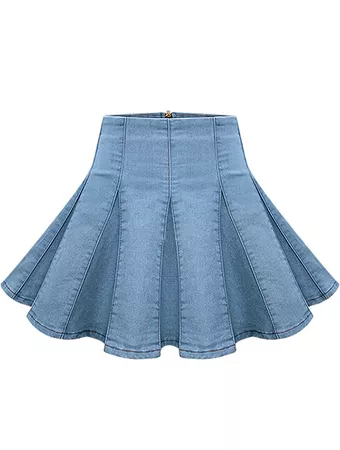 Blue Pleated Flare Denim Skirt -SheIn