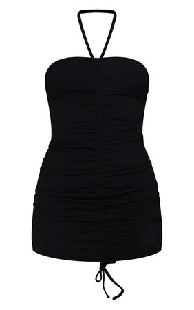 Black Crinkle Rib Ruched Halterneck Bodycon Dress | PrettyLittleThing USA