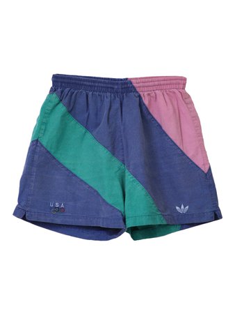 Adidas Eighties Vintage Shorts: 80s -Adidas- Mens blue, teal green and pink thick banded vertical stripe print polyester and cotton totally 80s sport shorts with elastic/tie off waistline, back right patch pocket and lower left hem -Adidas- emblem.