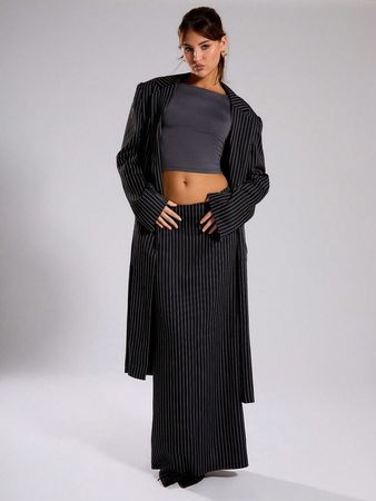 MUSERA Pinstripe Tailored Maxi Blazer | SHEIN