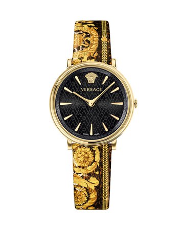 Versace 38mm V-Circle Tribute Leather Watch, Black/Gold | Neiman Marcus