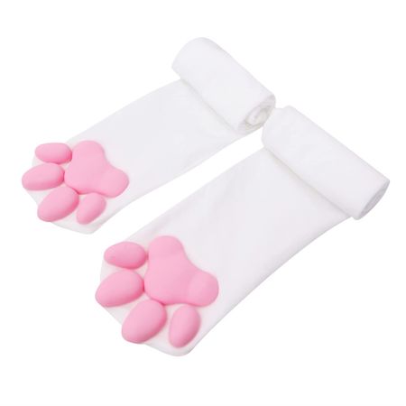 Flybloom White and Pink 3D Cat Paw Thigh High Socks