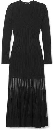 Mesh-paneled Ribbed Stretch-knit Dress - Black