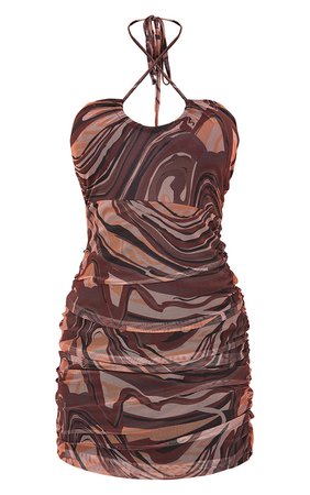 Brown Marble Print Mesh Halterneck Bodycon Dress - Bodycon Dresses - Dresses - Women's Clothing | PrettyLittleThing USA