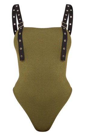 Khaki Buckle Strap Thong Bodysuit | Tops | PrettyLittleThing