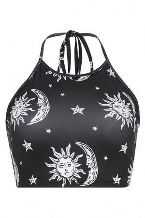 Summer New Trendy Funny Cartoon Sun and Moon Printed Halter Neck Black Cropped Cami Top - Beautifulhalo.com