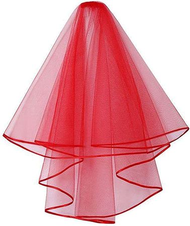 Short Lace Mesh 2 Tier Bridal Veils With Comb, Women's Simple Tulle Bachelorette Party For Wedding Hen Party V1 (Red - 2 Tier 60cm/ 23 inch) at Amazon Women’s Clothing store