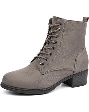 Amazon.com | VJH confort Women's Fashion Ankle Boots Low Heels Chunky Lace-up Combat Bootie with Side Zipper (GRIRGE, 8.5) | Ankle & Bootie