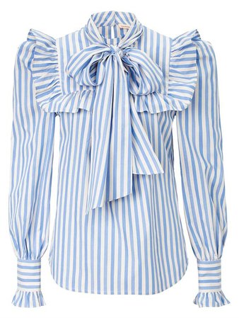 Blue Stripe Ruffle Blouse with pussy bow