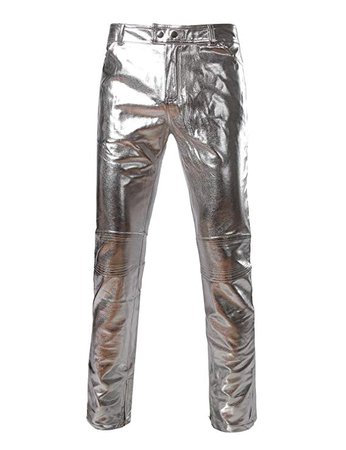 Amazon.com: ZEROYAA Mens PU Faux Leather Side Zipper Moto Jeans Style Metallic Silver Pants/Straight Leg Trousers US 32/Asian XXL Silver: Clothing