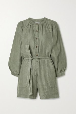 Belted Linen-twill Playsuit - Army green