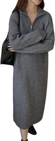 Women Midi Sweater Dress Solid Color Lapel Quarter Zipper Long Sleeve Knitted Long Dress (Gray, One Size) at Amazon Women’s Clothing store
