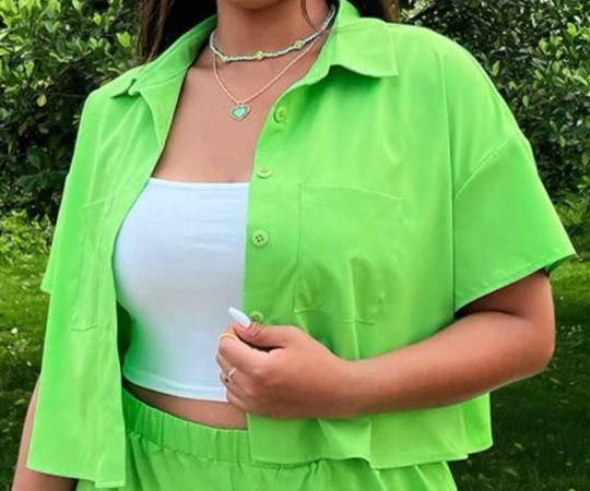 two piece button up and shorts lime green
