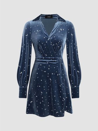 Velvet V-neck Star & Moon Pattern Glitter Mini Dress - Cider