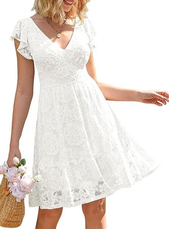 MEROKEETY Women's 2024 Summer V Neck Flutter Sleeve Dress Floral Lace Tie Back A Line Dresses at Amazon Women’s Clothing store