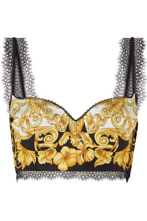 Versace | Lace-trimmed printed silk-twill bustier top | NET-A-PORTER.COM