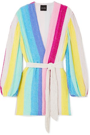 RETROFÊTE Gabrielle striped velvet-trimmed sequined chiffon mini wrap dress | $615