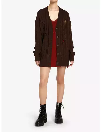 Thorn & Fable Brown Destructed Girls Boxy Knit Cardigan | Hot Topic