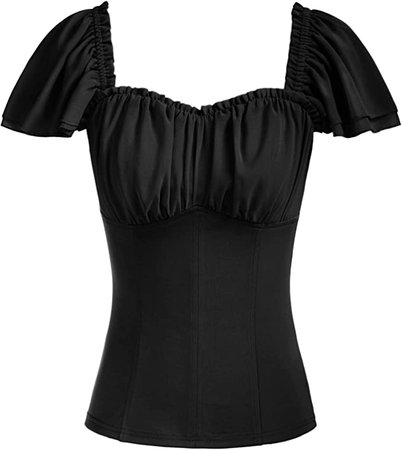 Women Vintage Short Flutter Sleeve Square Neck Slim Fit Blouse Black L at Amazon Women’s Clothing store