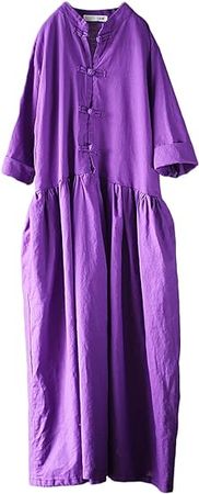 NFYM Women's Linen Shirt Dress High Waist Loose 3/4 Long Sleeve Pockets Retro Tunic Ethnic Clothing (Purple, One Size) at Amazon Women’s Clothing store