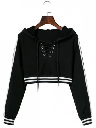 [25% OFF] 2019 Striped Cropped Lace Up Hoodie In BLACK | ZAFUL GB