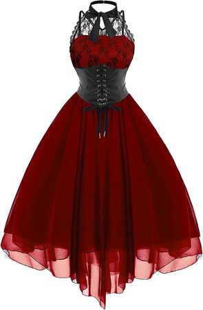 Amazon.com: Women's Sleeveless Gothic Dress with Corset Halter Lace Swing Cocktail Dress Formal Halloween Punk Hippie Dresses Wine : Clothing, Shoes & Jewelry