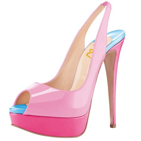 FSJ Pink Patent Leather Slingback Pumps Peep Toe Chunky Heel Pumps for Date, Hanging out | FSJ