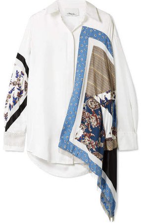 Oversized Satin And Crepe-trimmed Printed Silk-twill Shirt - Ivory