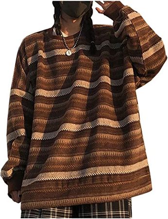 Women Striped Sweatershirt Casual Loose Color Block Patchwork Oversized Grandpa Pullover Sweater Tops Brown at Amazon Women’s Clothing store