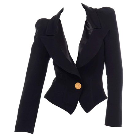 1980s Christian Lacroix Black Blazer W Puff Gathered Shoulders and Gold Button For Sale at 1stDibs