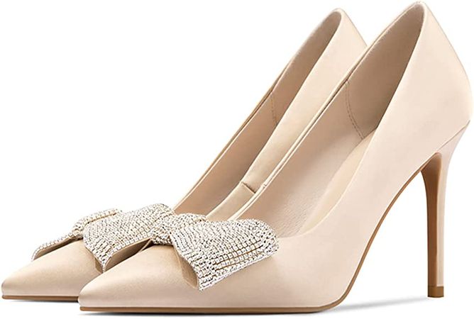 Amazon.com | SHOFOO Women Elegant Rhinestone Bowknot Pointed Toe Stiletto High Heel Pumps Slip On Formal Party Evening Dress Ladies Shoes Size 4-15 US | Shoes