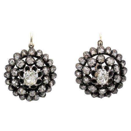 Russian 19th Century Diamond Gold and Silver Earrings For Sale at 1stDibs