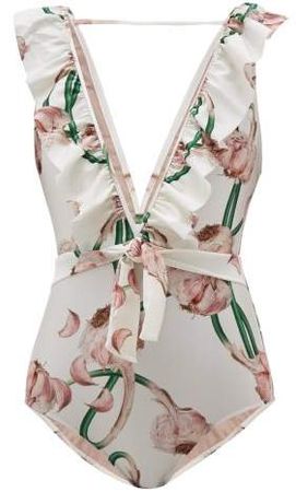 Aglio Garlic Print Shimmer Jersey Swimsuit - Womens - White Print