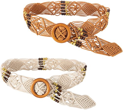 2 Packs Bohemian Wide Braid Waist Belts- Adjustable Boho Style Wax Rope Braid Waistbelt with Round Wooden Buckle and Beads for Women Girls Skirt Outfit Clothing Gift at Amazon Women’s Clothing store