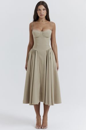 Clothing : Midi Dresses : 'Samaria' Taupe Corset Sun Dress