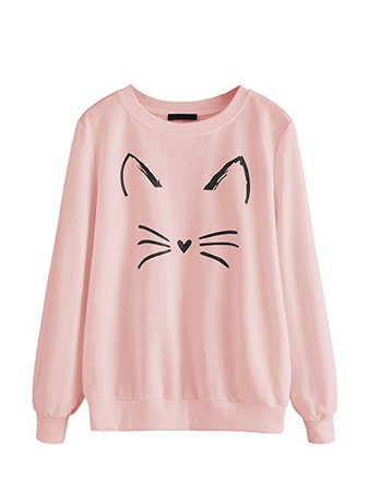 ROMWE Women's Cat Print Sweatshirt Long Sleeve Loose Pullover Shirt Pink L at Amazon Women’s Clothing store: