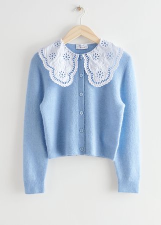 Embroidered Statement Collar Knit Cardigan - Light Blue - Cardigans - & Other Stories