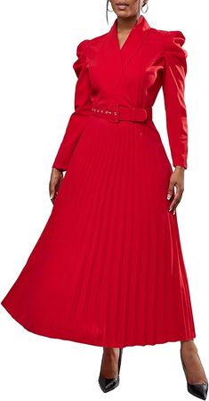 BINXIAD Women's Long Puff Gigot Sleeve Belted Maxi Dress V Neck Pleated Dress Casual Dress at Amazon Women’s Clothing store