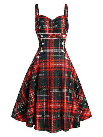 Plaid Button Embellished Sweetheart Rockabilly Style Dress
