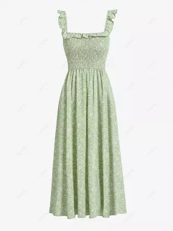 ZAFUL Ditsy Print Ruffle Smocked Midi Dress In LIGHT GREEN | ZAFUL 2024