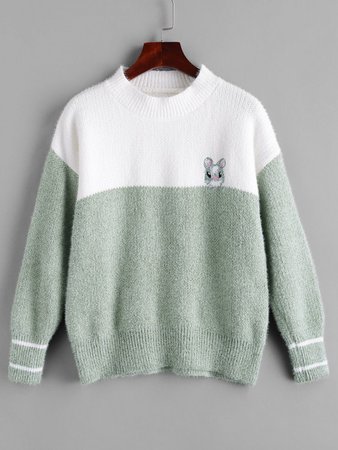 [30% OFF] 2020 Fuzzy Rabbit Embroidered Colorblock Sweater In GREEN | ZAFUL