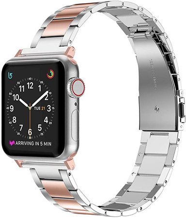 Amazon.com: Wearlizer Stainless Steel Compatible with Apple Watch Band 38mm 40mm 41mm Women Men,Ultra-Thin Lightweight Color Matching Replacement Strap Compatible for iWatch Series 7 6 5 4 3 2 1 Rose Pink+Silver : Cell Phones & Accessories