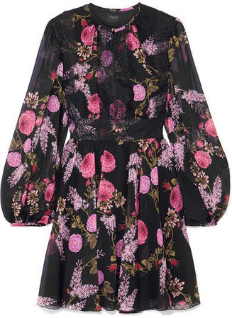 Lace-trimmed Floral-print Silk-georgette Mini Dress - Black